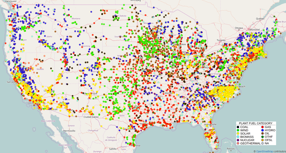 Map of all power plants in the Ingrid Database by fuel category